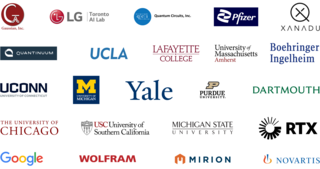 The logos for the partner institutions for the center. From Top to bottom, left to right, the logos for Gaussian, LG, Quantum Circuits Inc, Pfizer, Xanadu; Quantinuum, University of California Lost Angeles, The University of Chicago, Dartmouth College, Lafayette College, University of Michigan, Yale University, Purdue University, University of Connecticut; University of Massachusetts Amherst, University of Southern California, Michigan State University, Boehringer Ingelheim; Google, Wolfram,Mirion, Novartis